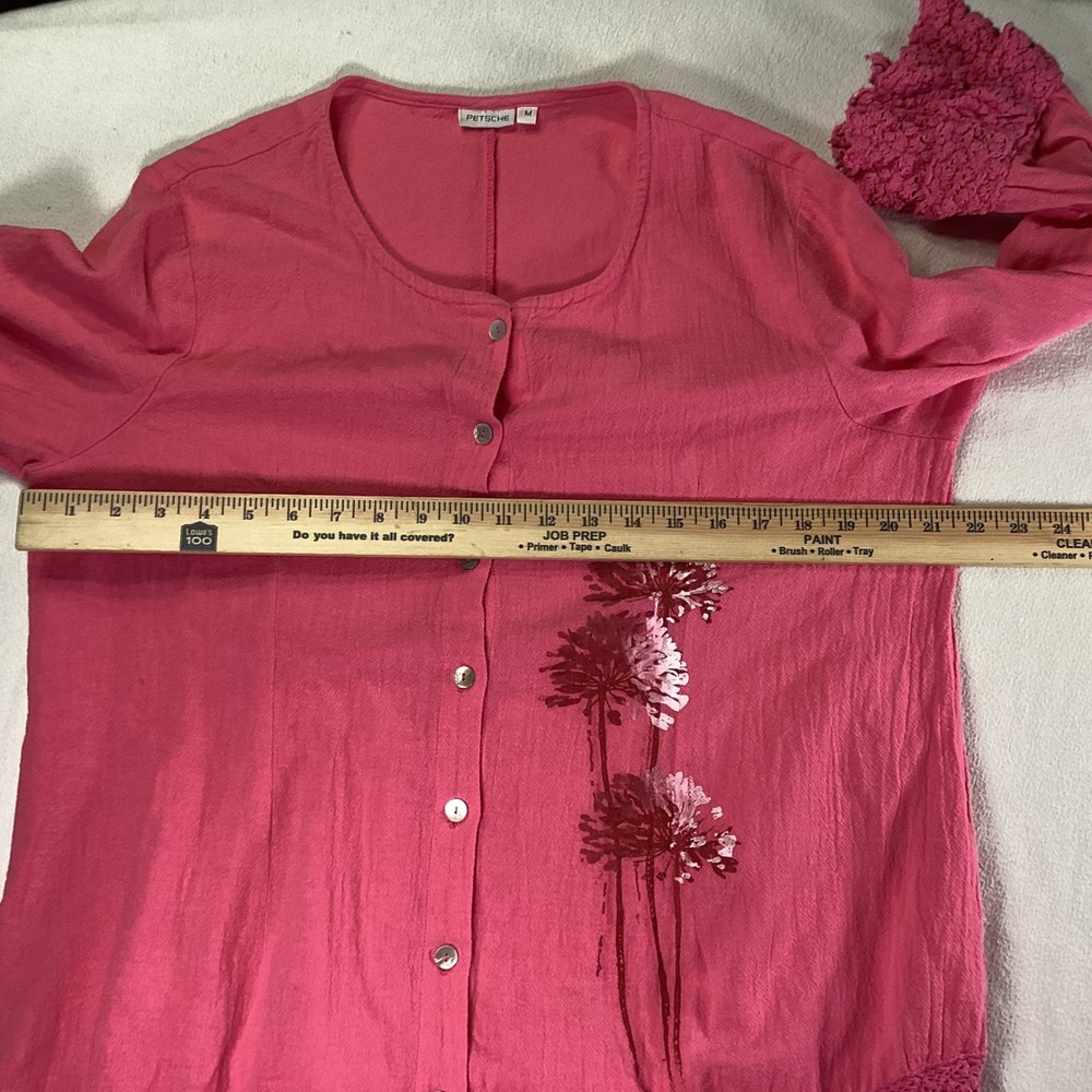 Petsche Womens Pink Cotton Crochet Lace Trim Floral Button Front Top Size M - Picture 4 of 8